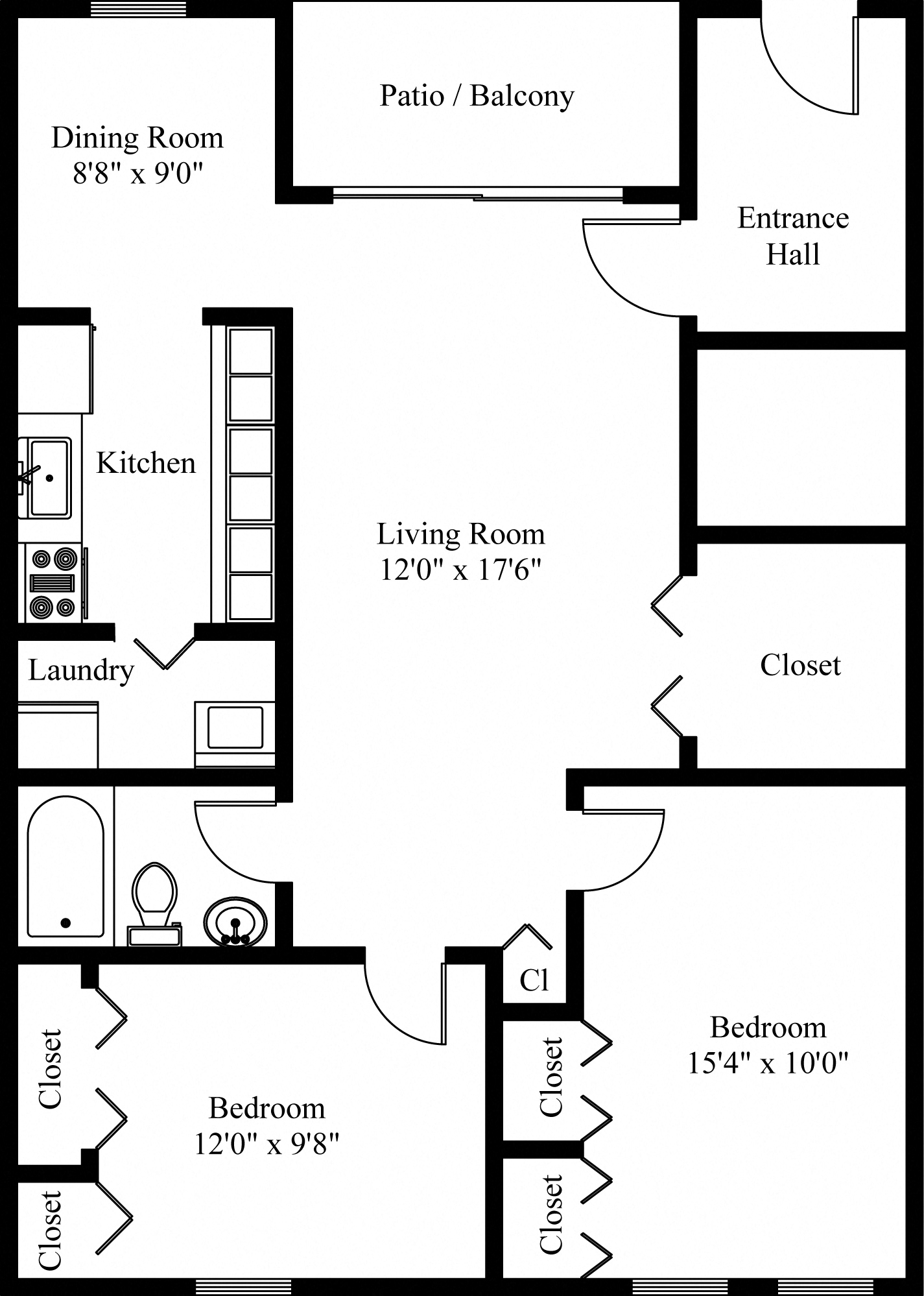Floor plan for 2 beds, 1 bath, 890 sqft